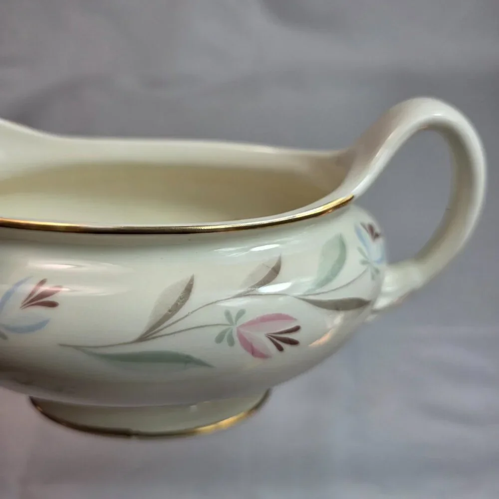 Homer Laughlin Nantucket Gravy Boat with Underplate Pink & Blue Flowers